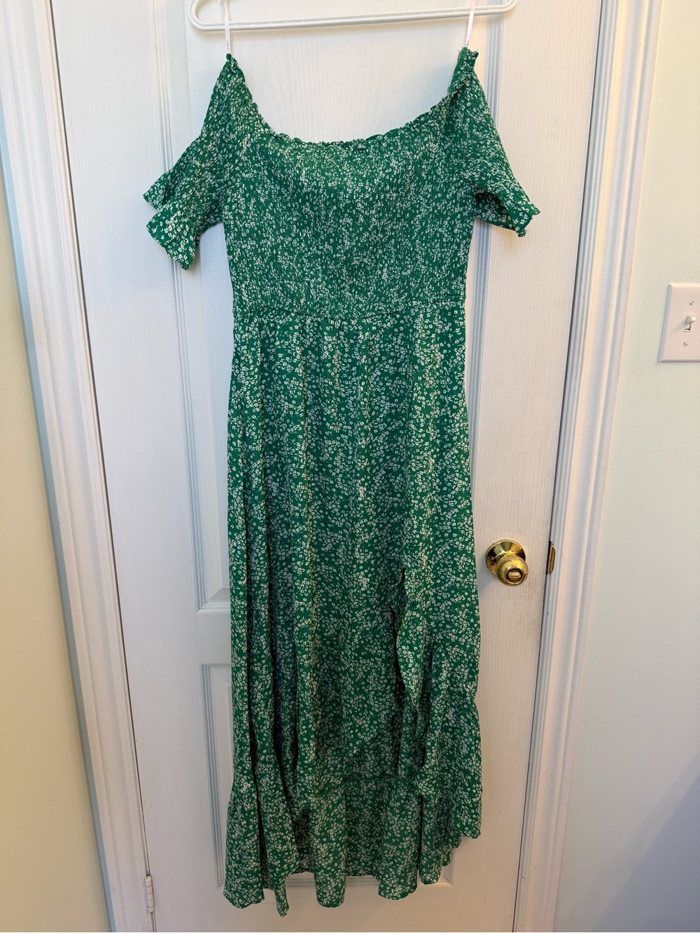 Lulu's Emerald Green Fleur-tation Off-Shoulder Maxi Dress